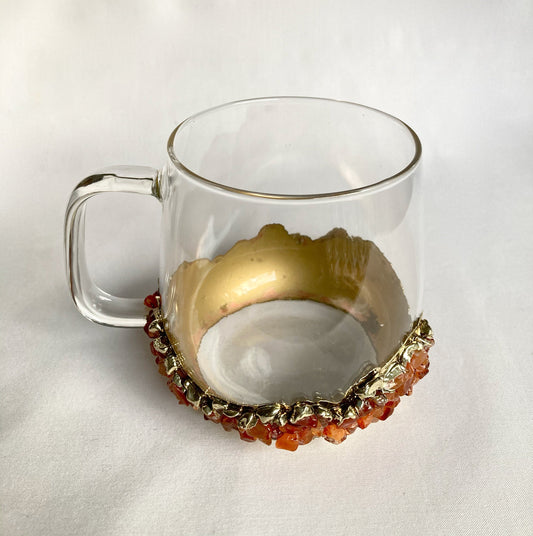 Set of 2 |Crystal Glass Coffee/Tea/Juice Mugs with Gold Plated Red Agate/Quartz Semi-precious Crystals | 17 oz/500 ml-1