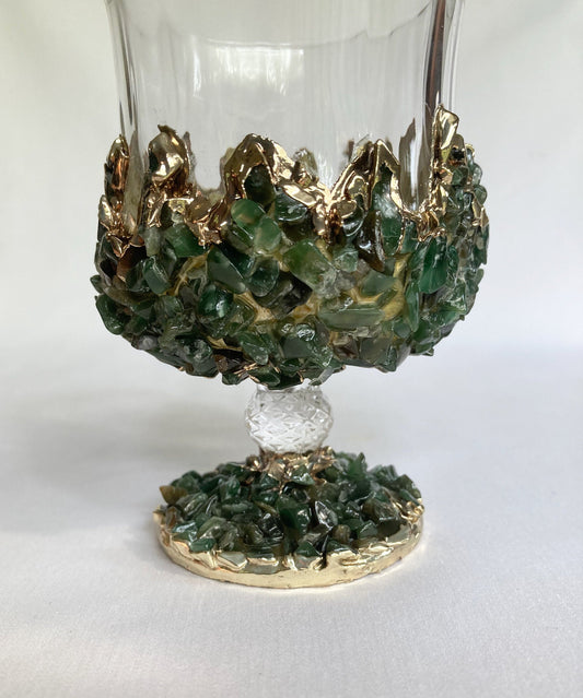 Set of 2 |Crystal Wine Glasses with Gold Plated Dark Green Agate/Quartz Semi-precious Crystals | 7 oz/210 ml-1