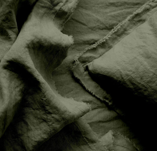 Raw Edged Moss Green - 100% Pure Linen | Linen Cotton Mix | 3 Piece Duvet Cover Set | 4 Piece Sheet Set | Handmade | Pre-washed | Soft-1