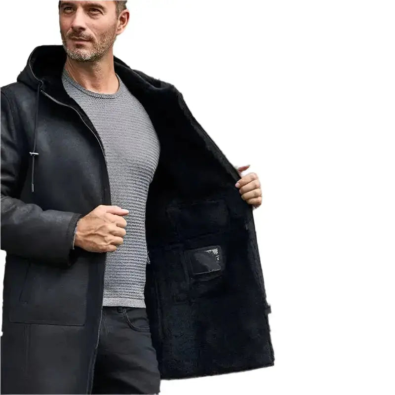 Men’s Black B7 Shearling Bomber Leather Coat