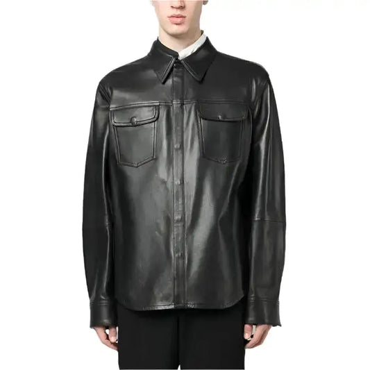 Men's Black Lambskin Leather Shirt with Chest Pocket