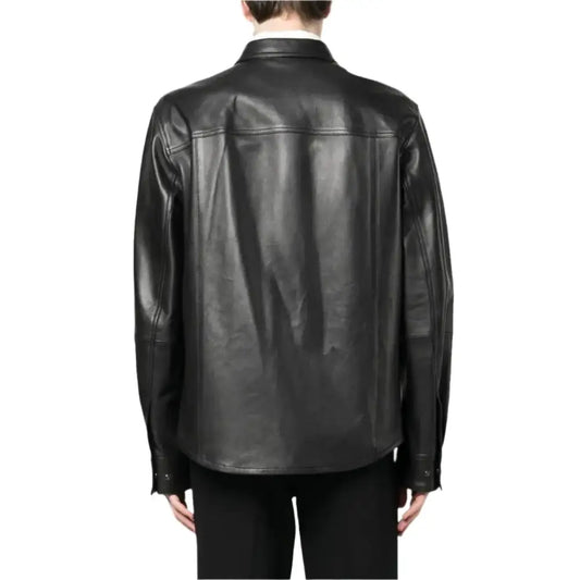 Men's Black Lambskin Leather Shirt with Chest Pocket