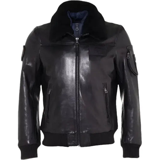 Mens Black Leather Bomber Jacket Fur Collar