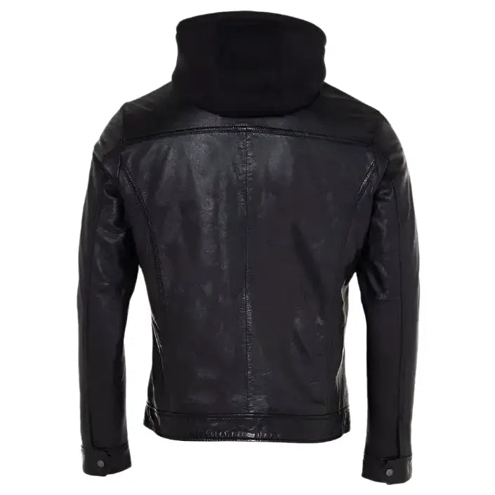 Mens Black Leather Jacket with Hood