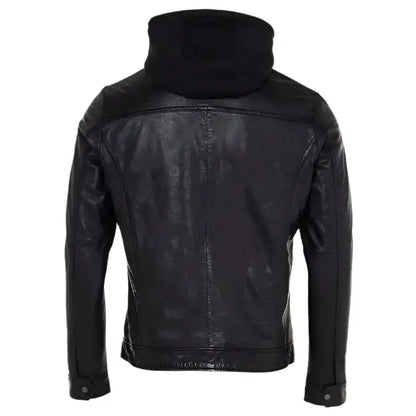 Mens Black Leather Jacket with Hood