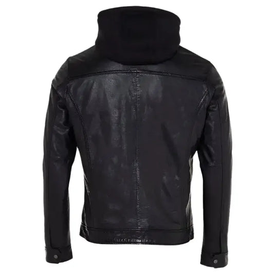 Mens Black Leather Jacket with Hood