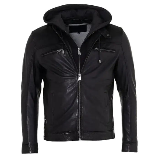 Mens Black Leather Jacket with Hood