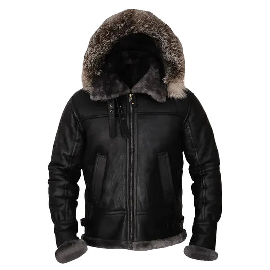 Men’s Black Hooded Shearling Jacket