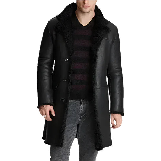 Mens Black Shearling Leather Trench Coat