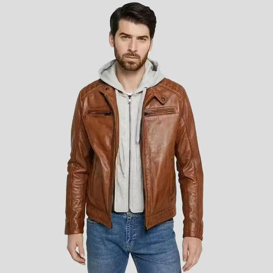 Men’s Brown Lambskin Leather Hooded Jacket