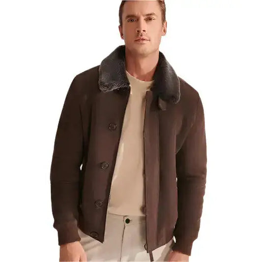 Mens Brown Shearling Aviator Leather Bomber Jacket