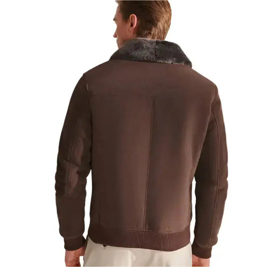 Mens Brown Shearling Aviator Leather Bomber Jacket