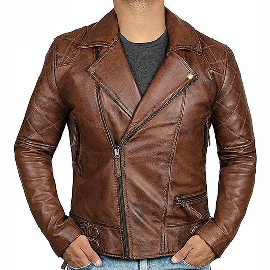 Men’s Brown Leather Cafe Racer Motorcycle Jacket