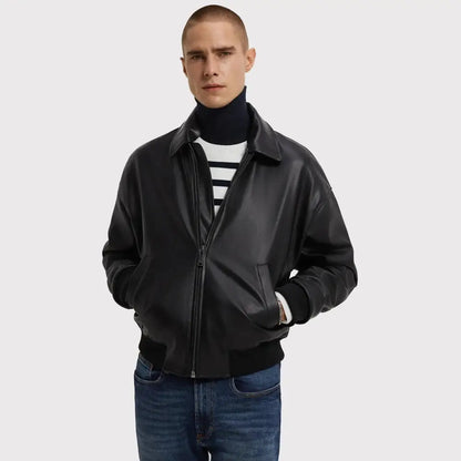 Men’s Classy Black PU Leather Bomber Jacket
