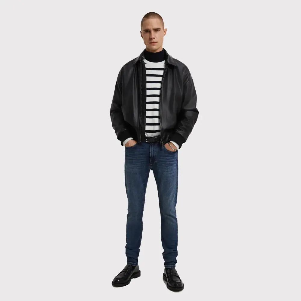 Men’s Classy Black PU Leather Bomber Jacket