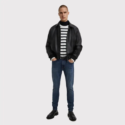 Men’s Classy Black PU Leather Bomber Jacket