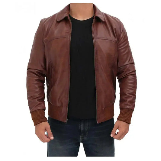 Mens Dark Brown Distressed Leather Bomber Jacket