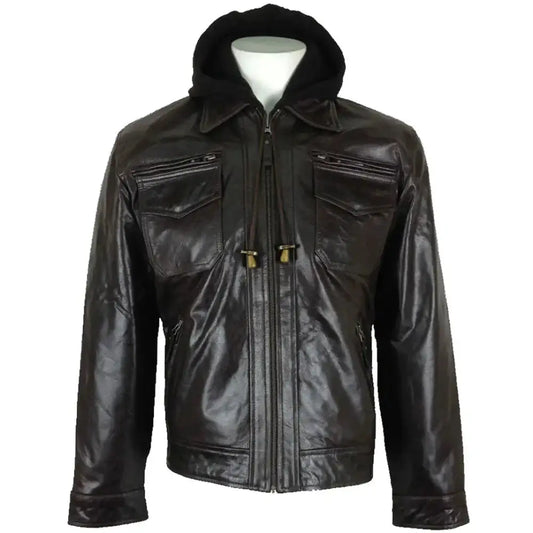 Men's Fashion Brown Hooded Real Leather Jacket