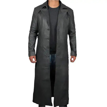 Mens Black Leather Winter Trench Coat