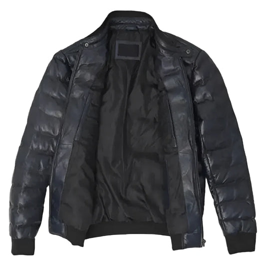 Mens Black Lambskin Puffer Bomber Jacket