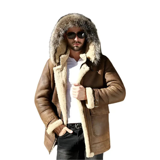 Mens Genuine Leather Shearling Hooded Coat