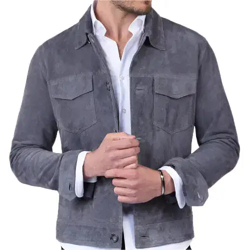 Mens Gray Suede Trucker Jacket