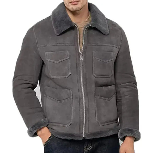 Men’s Grey Suede Shearling Aviator Jacket
