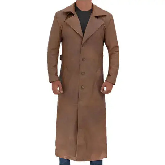 Mens Long Brown Leather Trench Coat