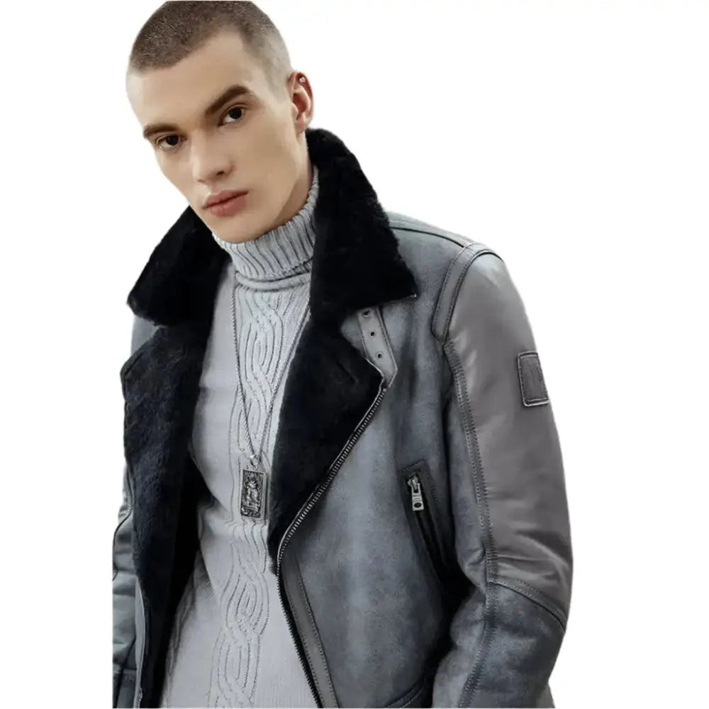 Men’s Metallic Gray B3 Shearling Bomber Jacket