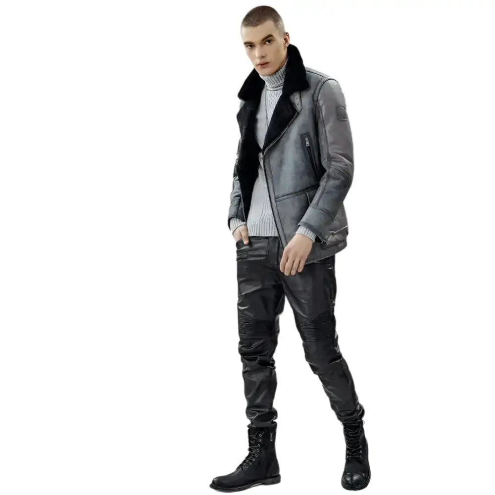Men’s Metallic Gray B3 Shearling Bomber Jacket