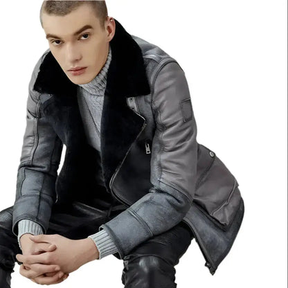 Men’s Metallic Gray B3 Shearling Bomber Jacket