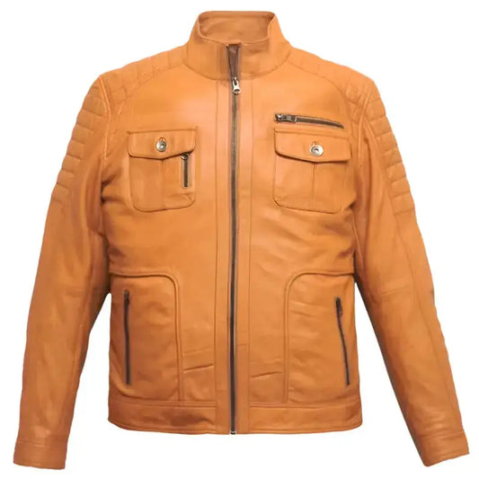 Men's Orange Lamb Leather Biker Jacket