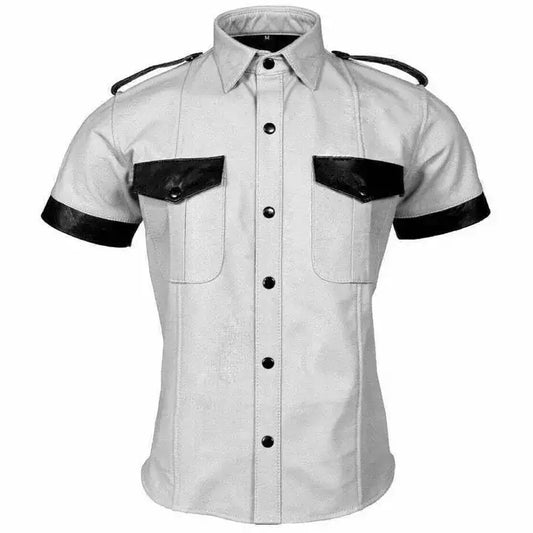 Men’s Police Style White Leather Shirt
