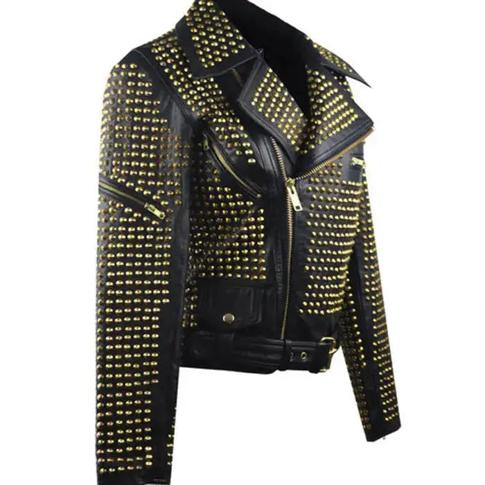 Mens Black Golden Studded Leather Biker Jacket