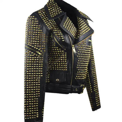 Mens Black Golden Studded Leather Biker Jacket