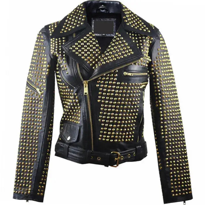 Mens Black Golden Studded Leather Biker Jacket