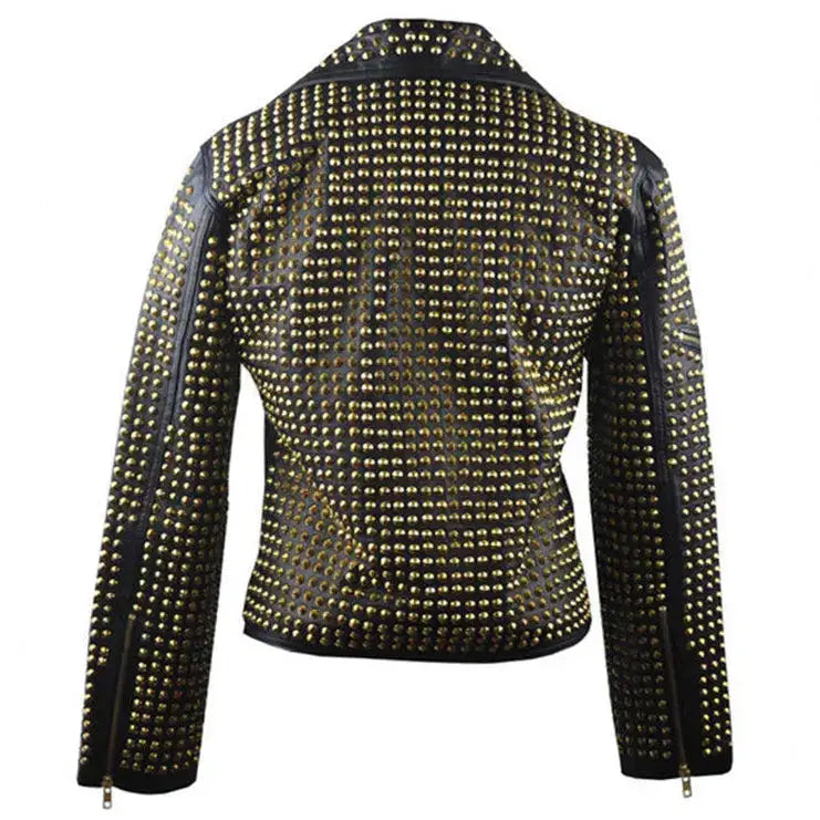 Mens Black Golden Studded Leather Biker Jacket