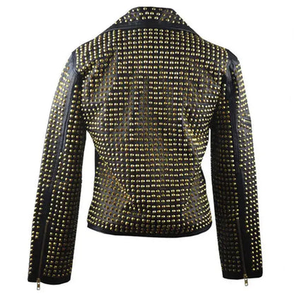 Mens Black Golden Studded Leather Biker Jacket