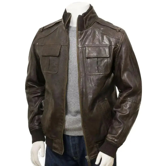 Men’s Vintage Soft Lambskin Leather Bomber Jacket with Knit