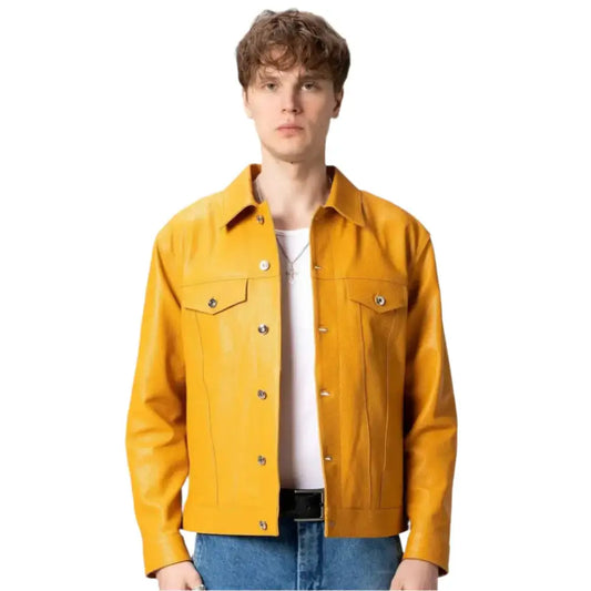 Men's Premium Yellow Leather Trucker Jacket