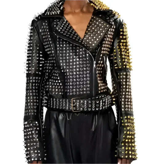 Women’s Punk Long Studded & Spiked Leather Jacket