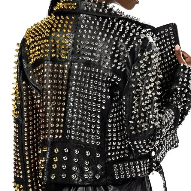 Women’s Punk Long Studded & Spiked Leather Jacket