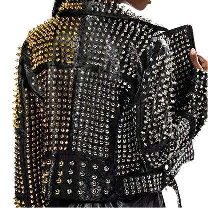 Women’s Punk Long Studded & Spiked Leather Jacket