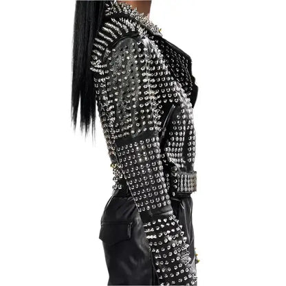 Women’s Punk Long Studded & Spiked Leather Jacket