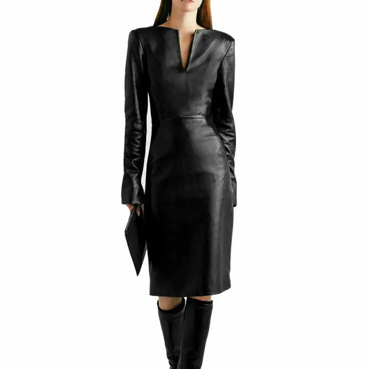 Women’s V-Neck Leather Cocktail Dress