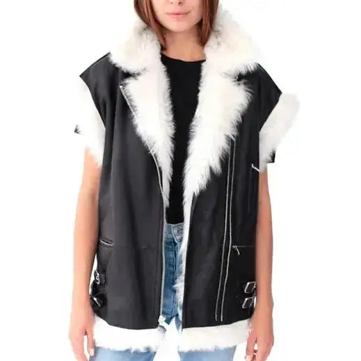 Women's Black Leather and White Fur Sheepskin Shearling Vest