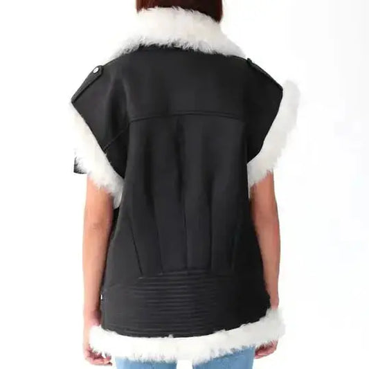 Women's Black Leather and White Fur Sheepskin Shearling Vest