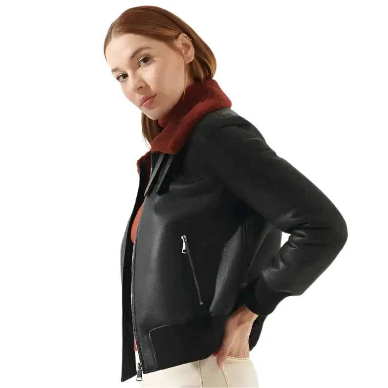 Women's Leather Bomber Jacket with Red Faux Fur Collar