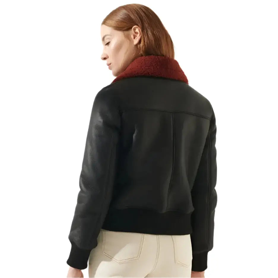 Women's Leather Bomber Jacket with Red Faux Fur Collar