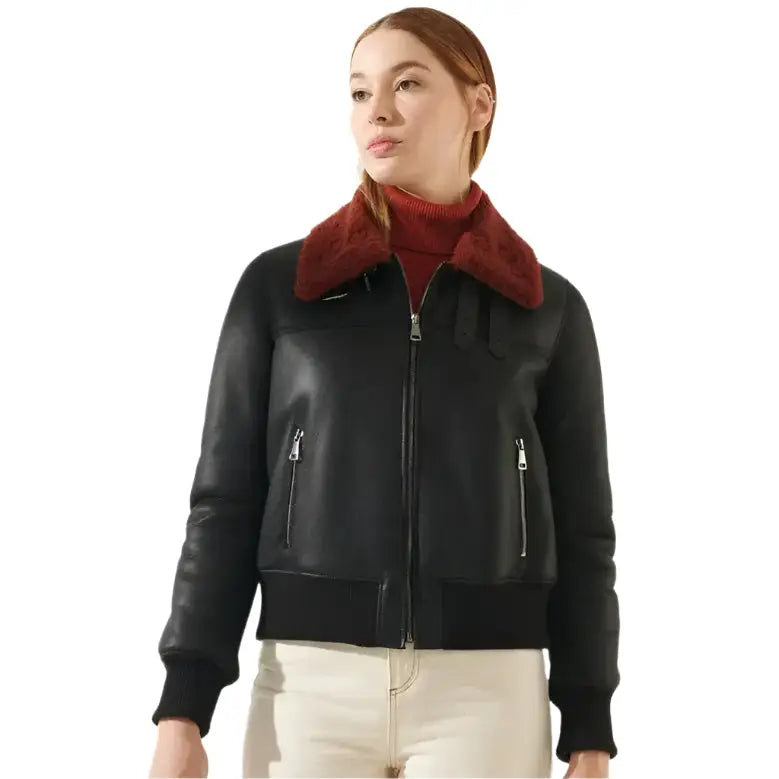 Women's Leather Bomber Jacket with Red Faux Fur Collar